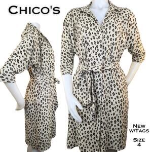 Chico's Shirtdress 4 Tan Black Leopard Print Knee Length V-Neck Mob Wife NEW